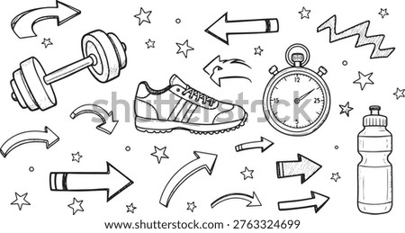 hand drawn sport icons active training equipment sketch kit.