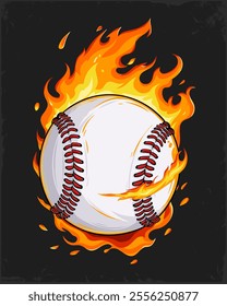 Hand drawn sport professional white baseball ball stitched set on fire isolated on black background