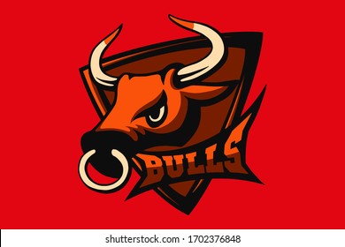 Hand drawn sport team mascot logo design. T-shirt print illustration. Bull.