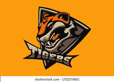 Hand drawn sport team mascot logo design. T-shirt print illustration. Tiger.