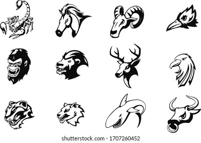 Hand drawn sport team mascot logo design. T-shirt print illustration. Eagle, shark, crow, bull, wolf, tiger, scorpion, mustang, ram, gorilla, lion, deer.