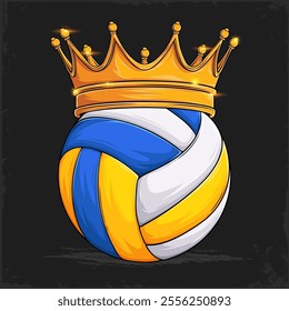 Hand drawn sport white, yellow, blue volleyball ball with majestic crown, volleyball ball with crown