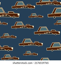 Hand drawn sportcar seamless pattern in doodle style. Transport wallpaper. Kids automobile background. Design for fabric, textile print, wrapping, cover, surface