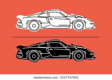 Carros de esporte desenhados à mão. Ilustrações vetoriais para impressões de vestuário e outros usos.