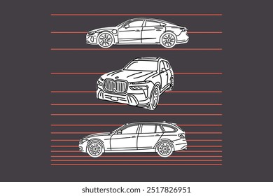 Hand drawn sports cars. Vector illustrations for apparel prints and other uses.