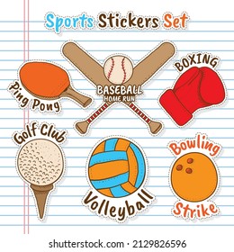 Hand drawn Sports Equipment Stickers with lined notebook paper as Background