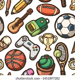 Hand drawn sports seamless pattern. Vector illustration.