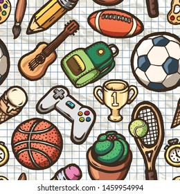 Hand drawn sports seamless pattern. Vector illustration.