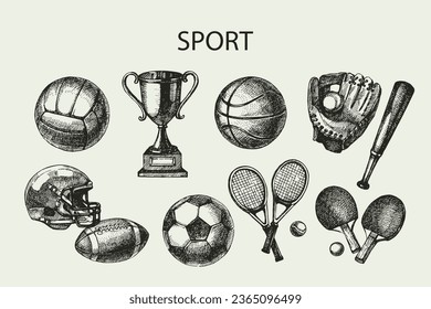 Juego deportivo dibujado a mano. Esbozar bolas deportivas. Ilustración del vector