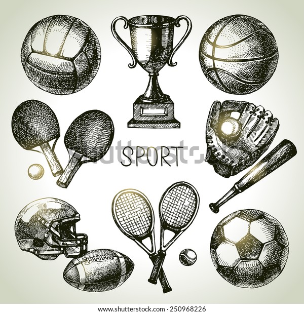 Hand drawn sports set. Sketch sport balls.\
Vector illustration