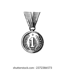 Hand drawn sports sketch trophy award first place medal. Vector illustration