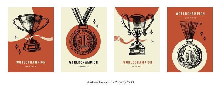 Hand drawn sports sketch trophy award cup, vector illustrations. Banner set