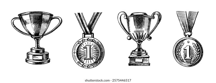 Hand drawn sports sketch trophy award cup and medal set. Vector illustration