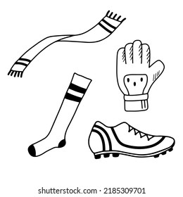 Hand drawn sports sock, shoes and scarf. Doodle black football objects outline isolated on white background. Vector illustration.