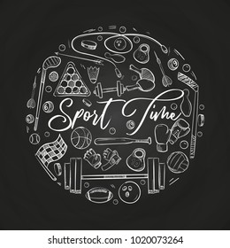 Hand drawn sports things vector illustration isolated on black board
