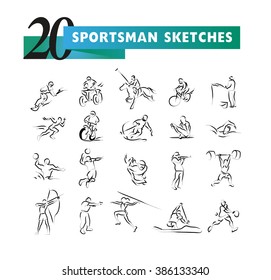 Hand drawn sportsman silhouette sketch. Human athlete figure isolated. Sport competition advertising design, poster, placard, leaflet template. Sport magazine article illustration, print design. 