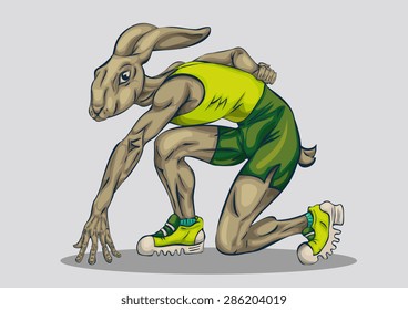 hand drawn sporty rabbit wearing sport shoes, shirt and shorts ready to start running. perfect for sports design