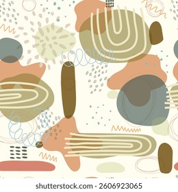 Hand drawn spots , dots and lines abstract modern pattern. Seamless pattern with different abstract figure, vector illustrtaion.