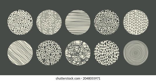 Hand drawn spotted, scribble and hatching round patterns. Trendy dotted lines and linear round stamps vector illustration set. Cartoon trendy shading patterns