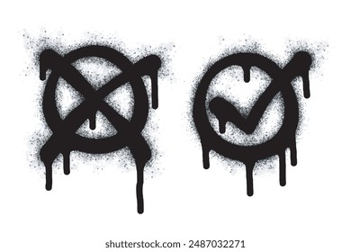 hand drawn Spray Painted Graffiti x and Sprayed check mark isolated on white background. graffiti font x with overspray in black on white. Vector illustration.n Illustration of check mark icon