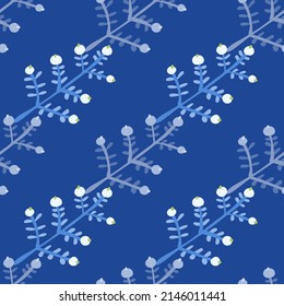 Hand drawn a sprig with berries seamless pattern. Branch with leaves and berry wallpaper. Texture with doodle berries. Floral simple design for fabric, textile print, wrapping, cover, card