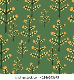 Hand drawn a sprig with berries seamless pattern. Branch with leaves and berry wallpaper. Texture with doodle berries. Floral simple design for fabric, textile print, wrapping, cover, card