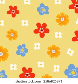 Hand drawn Spring background. Cute pattern with wildflowers, chamomile. Ideal for wallpaper, gift paper, web page background, spring greeting cards. Vector flower illustration on colorful background