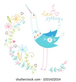 Hand drawn spring background with decorative bird