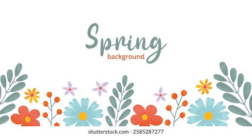 Hand drawn spring background featuring delicate flowers, leafy greenery with grainy textures. Perfect for seasonal branding, nature inspire wall art, banner, poster, social media.