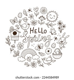 Hand drawn spring background with flowers, butterflies and seasonal objects. Doodle vector illustration with isolated elements.