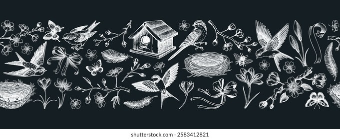 Hand drawn spring background. Seamless ribbon. Flying birds, sakura flowers, birdhouse, saffron chalk drawings. Easter vector pattern. NOT AI generated