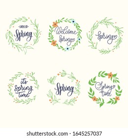 Hand drawn spring badge collection with lettering.