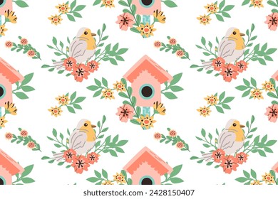 Hand drawn spring bird robin and birdhouse pattern with floral elements. Vector illustration isolated. Can used for wrapping paper, textile, clothes. greeting card, wallpapers. 