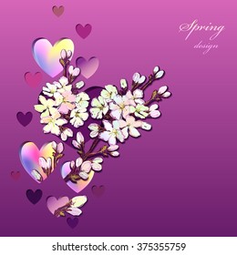 Hand drawn spring bloom background Valentine love card. Spring heart shape design and realistic blossom cherry tree branches and spring text. Spring vector watercolor style heart and purple background