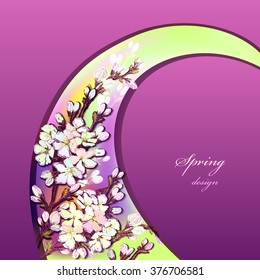 Hand drawn spring bloom background. Spring swirl border design with realistic blossom plum tree branches and text spring design. Spring watercolor style and purple background. Vector illustration