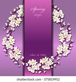 Hand drawn spring bloom wreath. Spring wedding round frame with blossom cherry tree branches and text spring design and save date. Spring hand drawn wedding cherry circle border on purple background