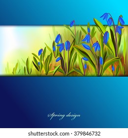 Hand drawn spring blue flowers. Spring horizontal border realistic spring blue flowers and text spring design. Spring watercolor style background. Vector illustration