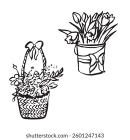 Hand drawn spring botanicals set. Flower Baskets Doodle Style.