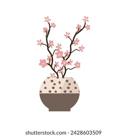 Hand drawn spring branch cherry sakura in decorative vase. Vector illustration for interior poster, banner and greeting card. Can use for decoration sticker for notebook cover, wallpaper. 