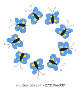 Moldura desenhada à mão borboleta círculo quadro. Doodle elementos florais da primavera. Ilustração isolada de vetor.