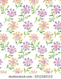 Hand drawn spring calendula seamless pattern. Vector illustration in colored sketch style on white background with summer flowers, Seamless floral pattern. Spring or summer flowers, repeating print. 