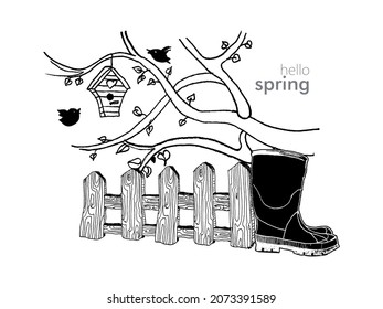 
hand drawn spring card with blooming branch