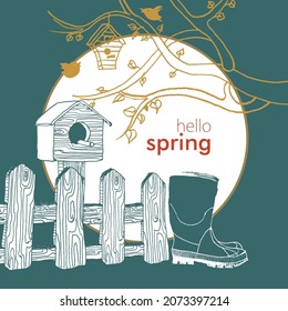 
hand drawn spring card with blooming branch
