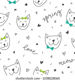 hand drawn spring cats pattern, cute vector seamless texture