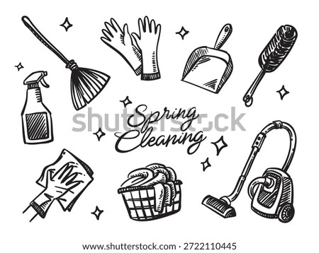 Hand drawn spring cleaning set with broom spray bottle vacuum duster laundry basket and gloves Clean doodle design for household organization and planners