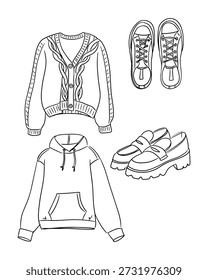 Hand drawn spring clothing set with cardigan hoodie sneaker and loafer isolated on white background. This image represents casual fashion concept and everyday wardrobe essentials