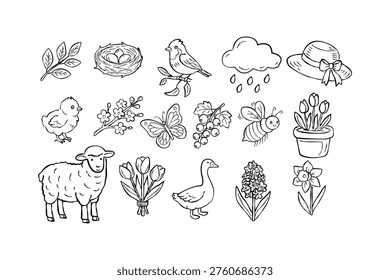 Hand drawn spring collection with animals, flowers, rain cloud and garden elements in line art style