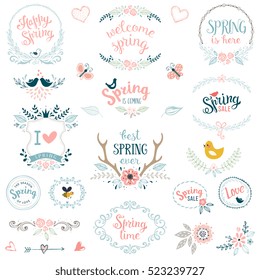 Hand drawn spring collection with typographic design elements. Vector illustration.