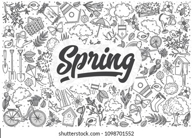 Hand drawn spring doodle set. Lettering - Spring