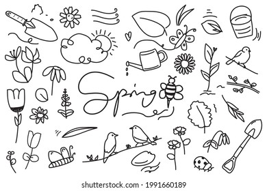 Hand drawn spring doodle set background. spring line icon